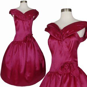 Vintage 80s 50s Pink Satin Raspberry Rosette Full Skirt Prom Party Dress M L